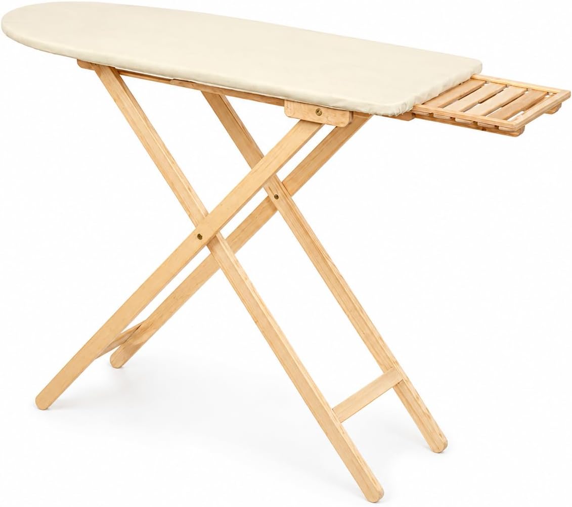 La table de repassage associe une hauteur reglable a une structure en bois massif