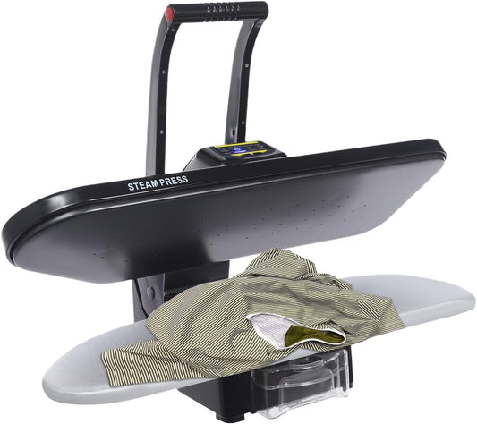 Une presse de repassage aux commandes tactiles, avec une partie textile en coton