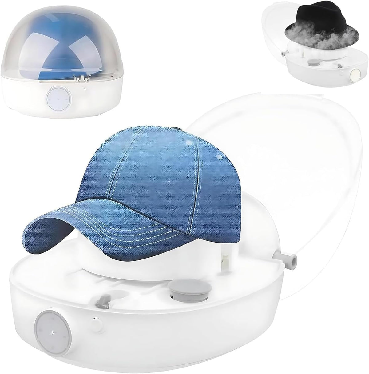 Cet appareil de soin des chapeaux se decline en coloris bleu et blanc