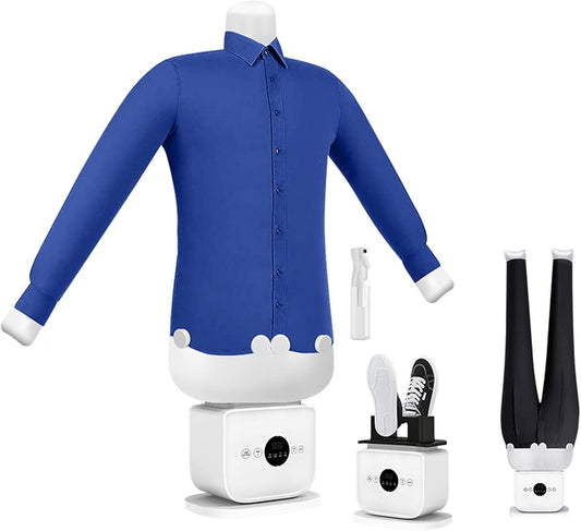 Ce mannequin de repassage avec poignee de maintien en coloris bleu et blanc